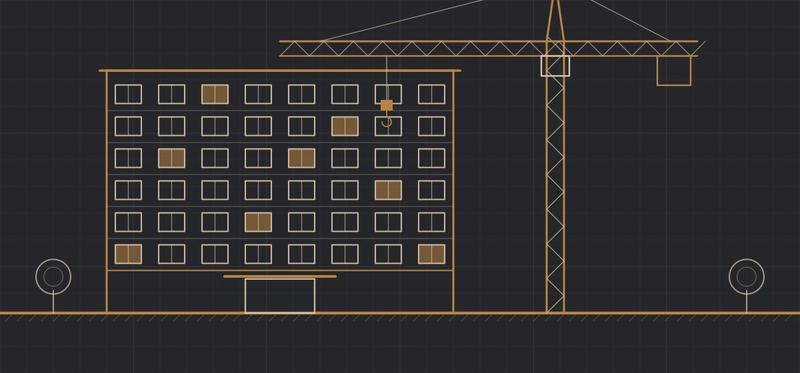 Line drawing of a 7-storey hotel and tower crane