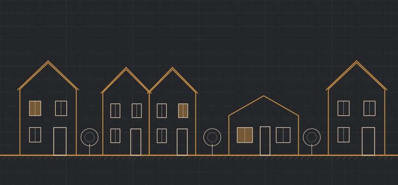 Line drawing of a subdivision of singles, semis and bungalows