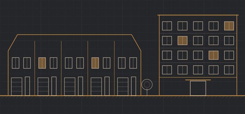Line drawing of townhomes and a low-rise apartment block